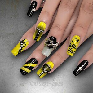 Black and Yellow Bondage Press-On Nails with Chains and Charms - Studded Nails